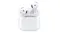 A front view of the Apple AirPods in an open wireless charging case with earbuds docked inside A front view of the Apple AirPods in an open wireless charging case with earbuds docked inside