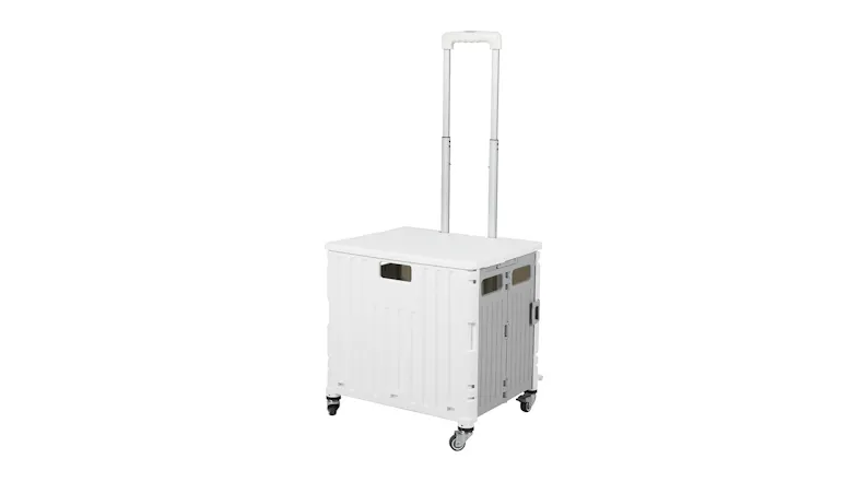 Angled view of the white rolling cart with the extendable handle raised upward Angled view of the white rolling cart with the extendable handle raised upward