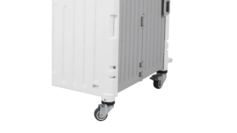 Low-angle close-up view of the white utility cart focusing on its swivel caster wheels Low-angle close-up view of the white utility cart focusing on its swivel caster wheels