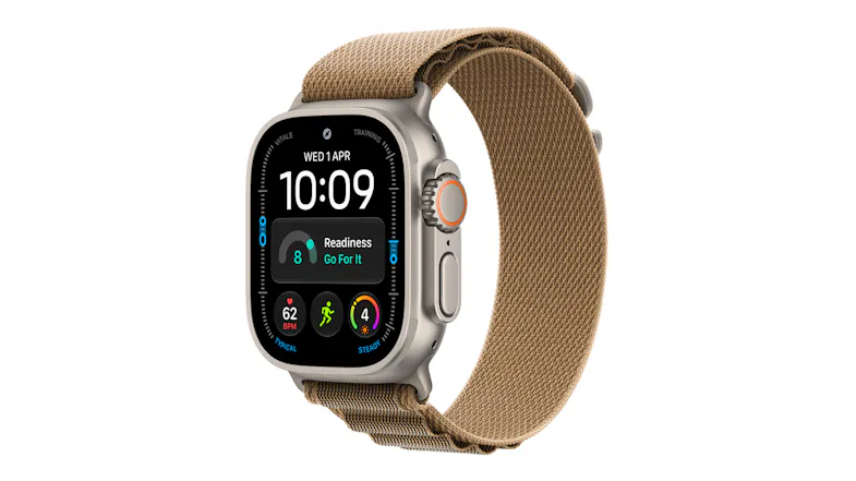 Apple Watch Ultra 4 with a natural titanium case and desert alpine loop shown in an angled view Apple Watch Ultra 4 with a natural titanium case and desert alpine loop shown in an angled view