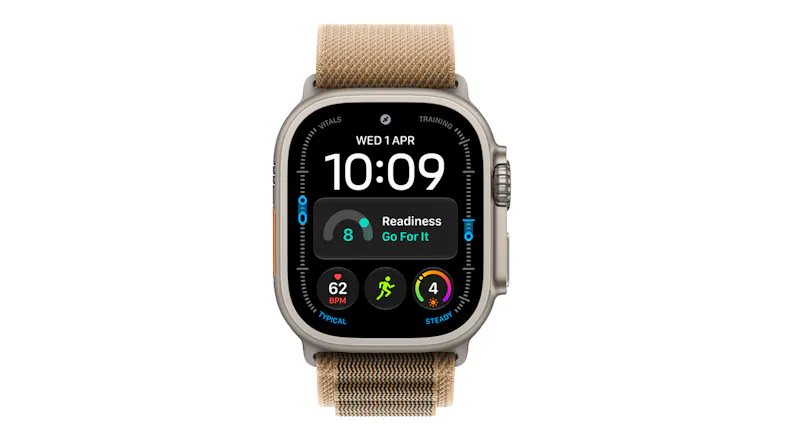 Front view of the Apple Watch Ultra 4 featuring a natural titanium case and desert alpine loop Front view of the Apple Watch Ultra 4 featuring a natural titanium case and desert alpine loop