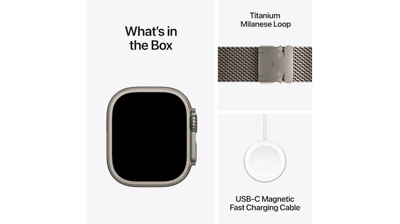 Apple Watch Ultra 4 box contents overview featuring the natural titanium watch case Apple Watch Ultra 4 box contents overview featuring the natural titanium watch case