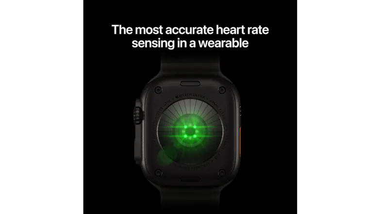 Rear view of the Apple Watch Ultra 4, highlighting the advanced optical heart rate sensor Rear view of the Apple Watch Ultra 4, highlighting the advanced optical heart rate sensor