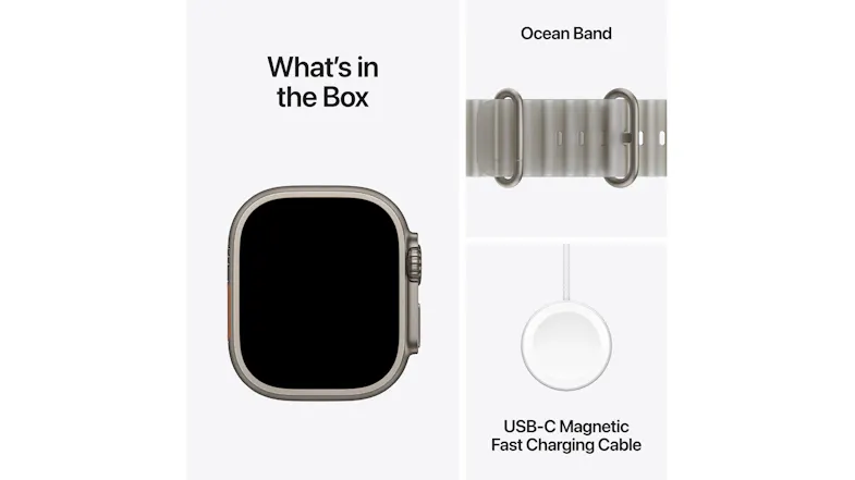 Apple Watch Ultra 4 box contents overview featuring the natural titanium watch case Apple Watch Ultra 4 box contents overview featuring the natural titanium watch case