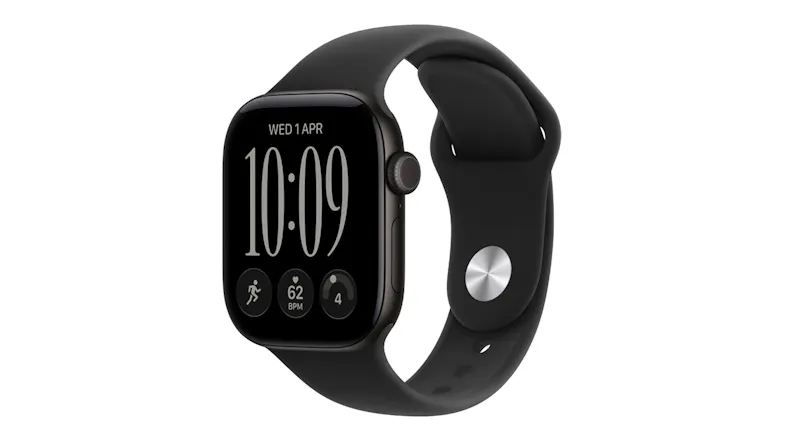 An angled view of black aluminium Apple Watch Series 12 with black sport band showing digital crown and display An angled view of black aluminium Apple Watch Series 12 with black sport band showing digital crown and display