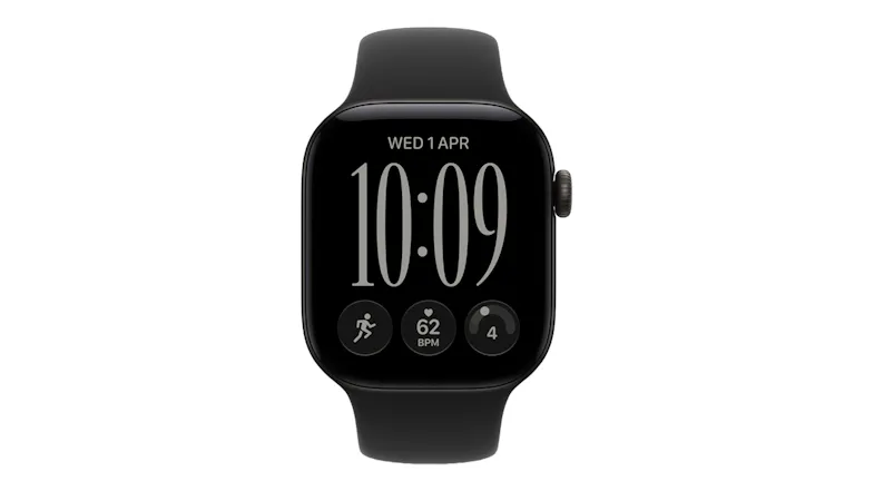 A front view of Apple Watch Series 12 42mm showing date, time, fitness tracking, heart rate, and pacing display A front view of Apple Watch Series 12 42mm showing date, time, fitness tracking, heart rate, and pacing display