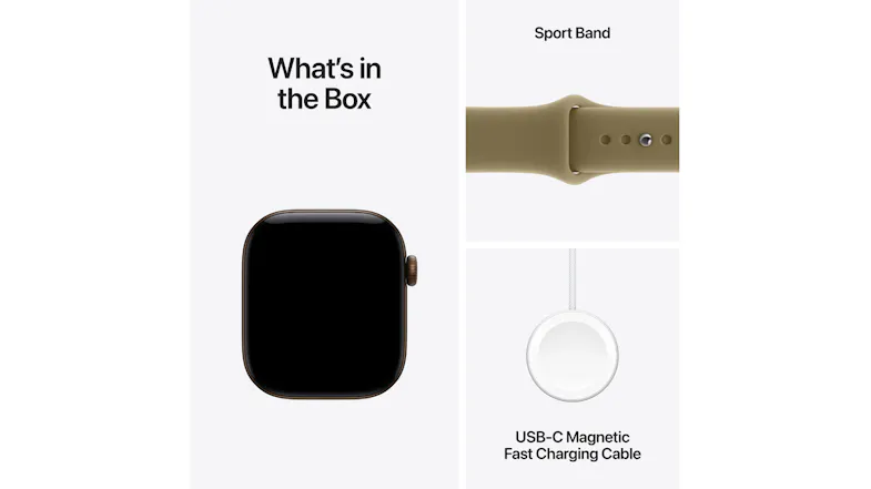 Apple Watch Series 12 box contents with navy sport band and USB-C magnetic fast charging cable Apple Watch Series 12 box contents with navy sport band and USB-C magnetic fast charging cable