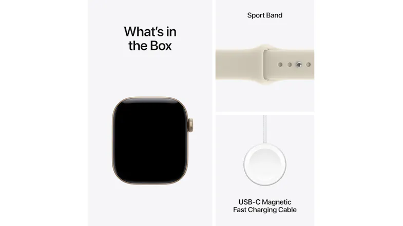 Apple Watch Series 12 box contents with navy sport band and USB-C magnetic fast charging cable Apple Watch Series 12 box contents with navy sport band and USB-C magnetic fast charging cable