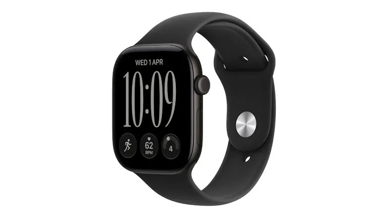 An angled view of an Apple Watch Series 12 with a black sport band showing the digital crown and display An angled view of an Apple Watch Series 12 with a black sport band showing the digital crown and display