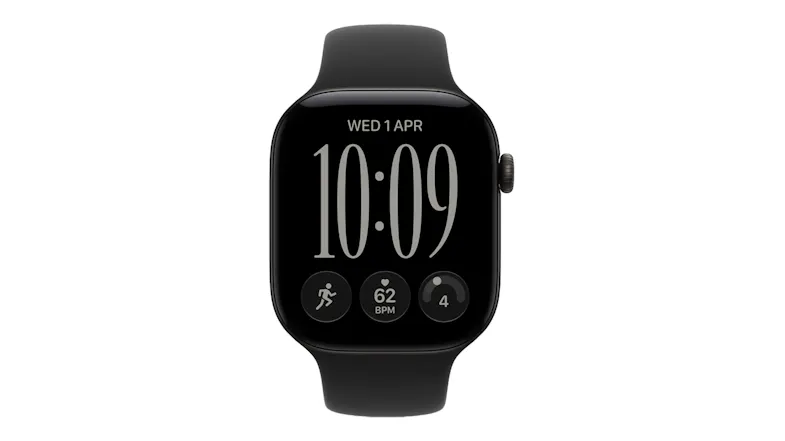 A front view of Apple Watch Series 12 46mm showing date, time, fitness tracking, heart rate, and pacing display A front view of Apple Watch Series 12 46mm showing date, time, fitness tracking, heart rate, and pacing display