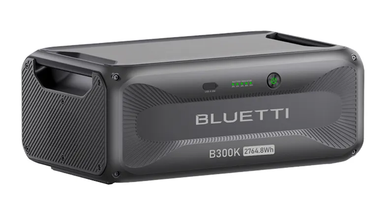 Front left-angle view of BLUETTI B300K 2764.8Wh expansion battery with integrated carry handles Front left-angle view of BLUETTI B300K 2764.8Wh expansion battery with integrated carry handles