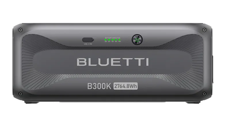 Front view of dark grey BLUETTI B300K battery with LED status indicator and power button Front view of dark grey BLUETTI B300K battery with LED status indicator and power button