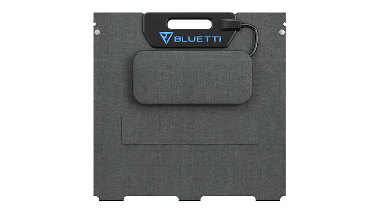 Rear view of black portable solar panel with carry handle, cable connection and storage pouch Rear view of black portable solar panel with carry handle, cable connection and storage pouch
