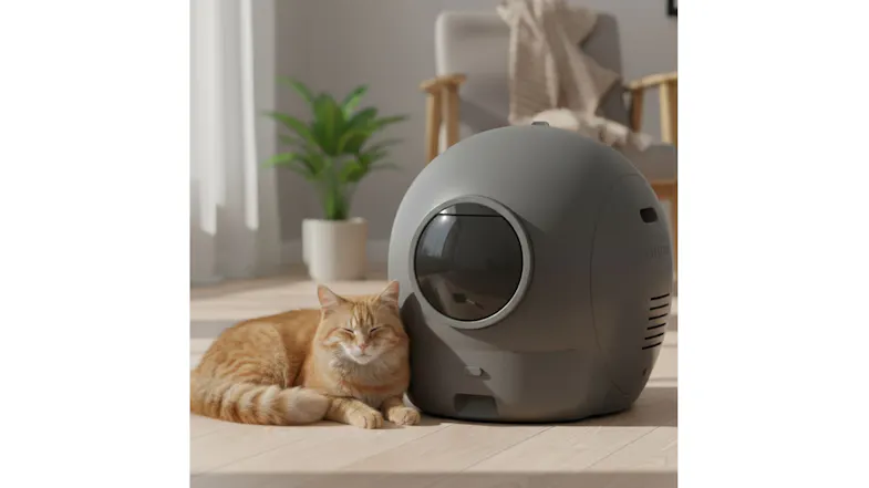 Black PaWz automatic cat litter box with a rounded pod design and tinted front entry, shown beside an orange cat Black PaWz automatic cat litter box with a rounded pod design and tinted front entry, shown beside an orange cat