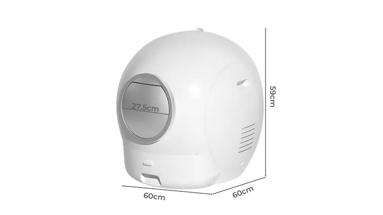 White automatic cat litter box, angled view with dimensions of 60cm x 60cm x 59cm and a 27.5cm entry opening White automatic cat litter box, angled view with dimensions of 60cm x 60cm x 59cm and a 27.5cm entry opening
