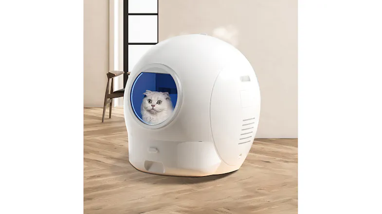 Angled view of a white automatic cat litter box with a cat inside, showing the enclosed dome design and entry opening Angled view of a white automatic cat litter box with a cat inside, showing the enclosed dome design and entry opening