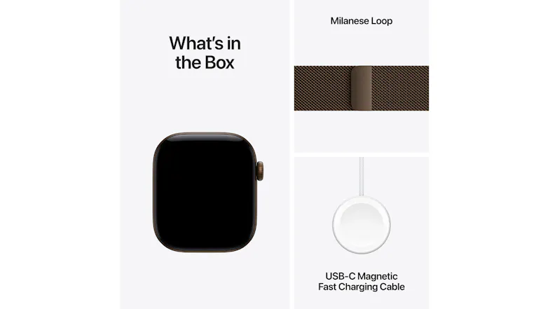 Apple Watch Series 12 box contents overview featuring the dark bronze aluminium watch case Apple Watch Series 12 box contents overview featuring the dark bronze aluminium watch case