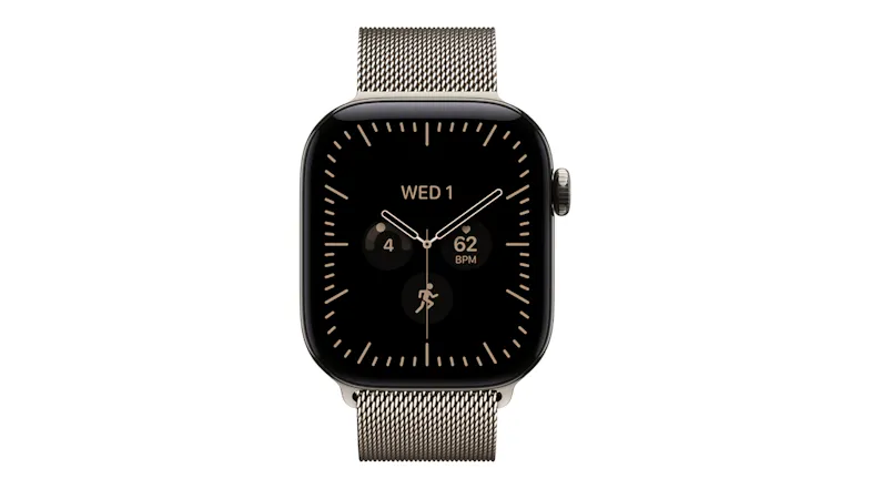 A front view of Apple Watch Series 12 42mm showing date, time, fitness tracking, heart rate, and pacing display A front view of Apple Watch Series 12 42mm showing date, time, fitness tracking, heart rate, and pacing display