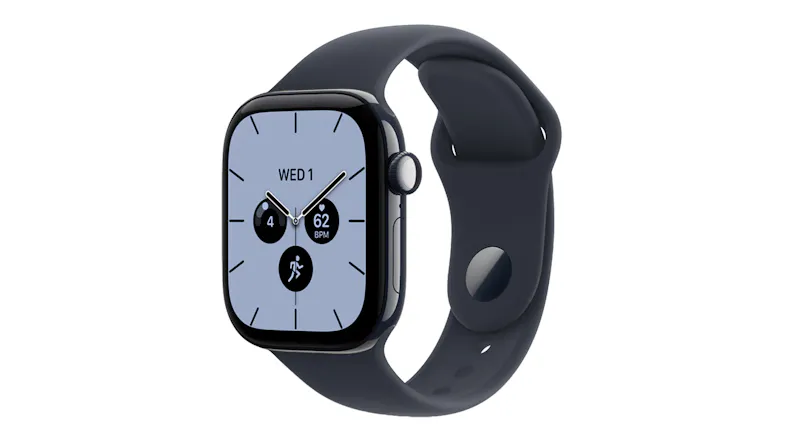 An angled view of a night blue ceramic Apple Watch Series 12 with a navy blue sport band showing the digital crown and display An angled view of a night blue ceramic Apple Watch Series 12 with a navy blue sport band showing the digital crown and display
