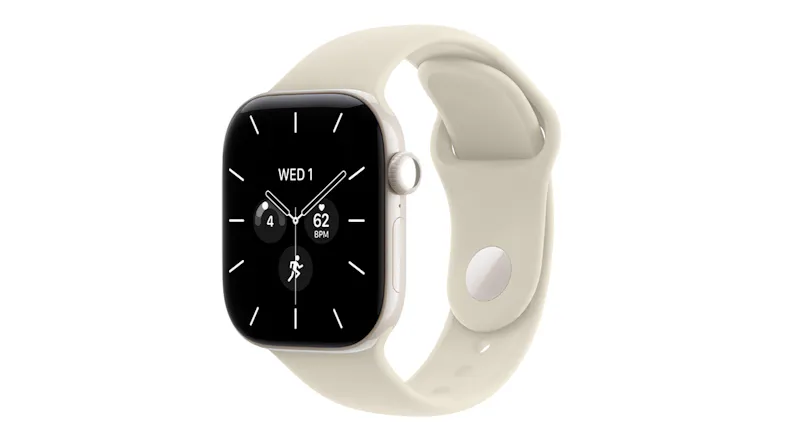 An angled view of pearl white ceramic Apple Watch Series 12 with sand sport band showing digital crown and display An angled view of pearl white ceramic Apple Watch Series 12 with sand sport band showing digital crown and display