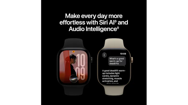 Apple Watch Series 12 Siri AI and audio intelligence features shown on dual smartwatch displays Apple Watch Series 12 Siri AI and audio intelligence features shown on dual smartwatch displays