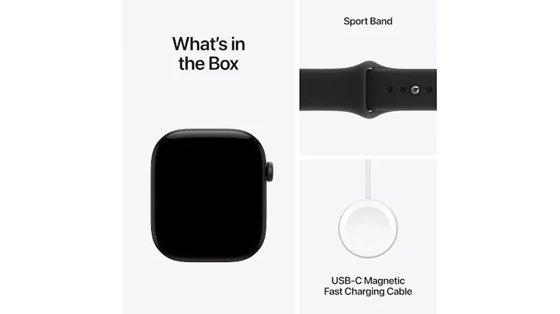 Apple Watch Series 12 box contents with navy sport band and USB-C magnetic fast charging cable Apple Watch Series 12 box contents with navy sport band and USB-C magnetic fast charging cable
