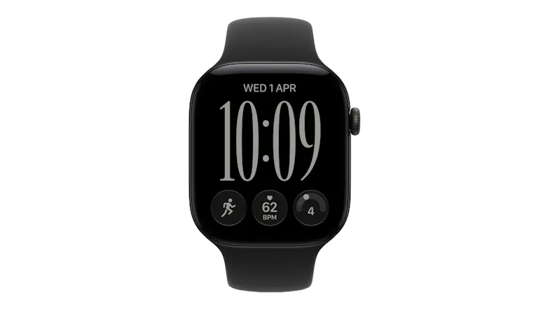 A front view of Apple Watch Series 12 46mm showing date, time, fitness tracking, heart rate, and pacing display A front view of Apple Watch Series 12 46mm showing date, time, fitness tracking, heart rate, and pacing display