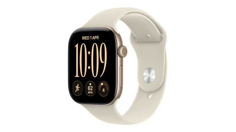 An angled view of an Apple Watch Series 12 with a sand sport band showing the digital crown and display An angled view of an Apple Watch Series 12 with a sand sport band showing the digital crown and display