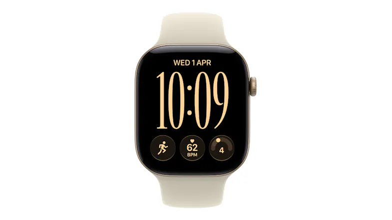 A front view of Apple Watch Series 12 46mm showing date, time, fitness tracking, heart rate, and pacing display A front view of Apple Watch Series 12 46mm showing date, time, fitness tracking, heart rate, and pacing display