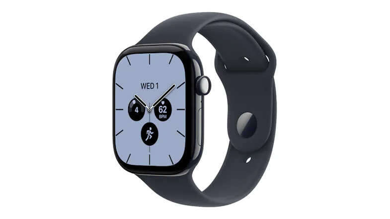 An angled view of a Night Blue ceramic Apple Watch Series 12 with a navy-blue sport band showing the digital crown and display An angled view of a Night Blue ceramic Apple Watch Series 12 with a navy-blue sport band showing the digital crown and display