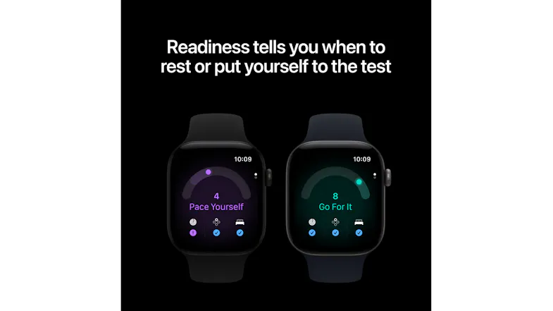 A side-by-side of Apple Watch showing readiness score screens with dual smartwatch display A side-by-side of Apple Watch showing readiness score screens with dual smartwatch display