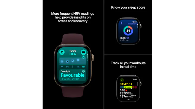 Collage of Apple Watch Series 12 health metrics, sleep score and workout tracking screens in multi-panel layout Collage of Apple Watch Series 12 health metrics, sleep score and workout tracking screens in multi-panel layout