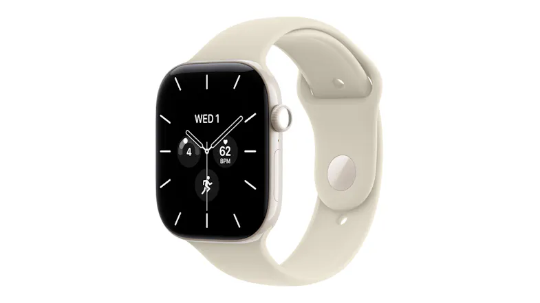 An angled view of a pearl white ceramic Apple Watch Series 12 with a sand sport band showing the digital crown and display An angled view of a pearl white ceramic Apple Watch Series 12 with a sand sport band showing the digital crown and display