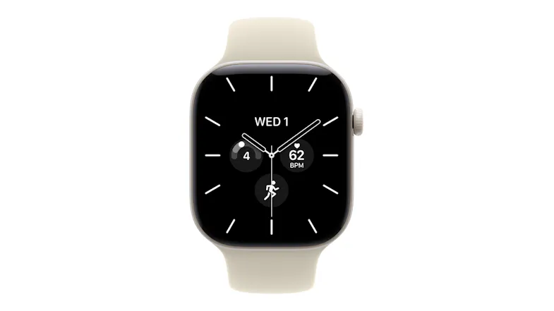 A front view of Apple Watch Series 12 46mm showing date, time, fitness tracking, heart rate, and pacing display A front view of Apple Watch Series 12 46mm showing date, time, fitness tracking, heart rate, and pacing display