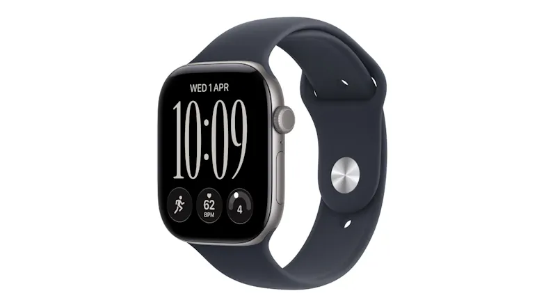 An angled view of space grey Apple Watch Series 12 with navy sport band showing digital crown and display An angled view of space grey Apple Watch Series 12 with navy sport band showing digital crown and display