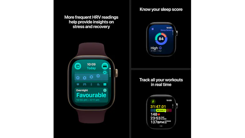 Collage of Apple Watch Series 12 health metrics, sleep score and workout tracking screens in multi-panel layout Collage of Apple Watch Series 12 health metrics, sleep score and workout tracking screens in multi-panel layout