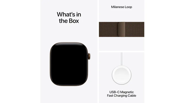 Apple Watch Series 12 box contents with navy sport band and USB-C magnetic fast charging cable Apple Watch Series 12 box contents with navy sport band and USB-C magnetic fast charging cable