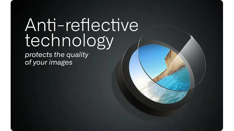 Feature graphic showing a camera lens protection ring with an anti-reflective glass layer Feature graphic showing a camera lens protection ring with an anti-reflective glass layer