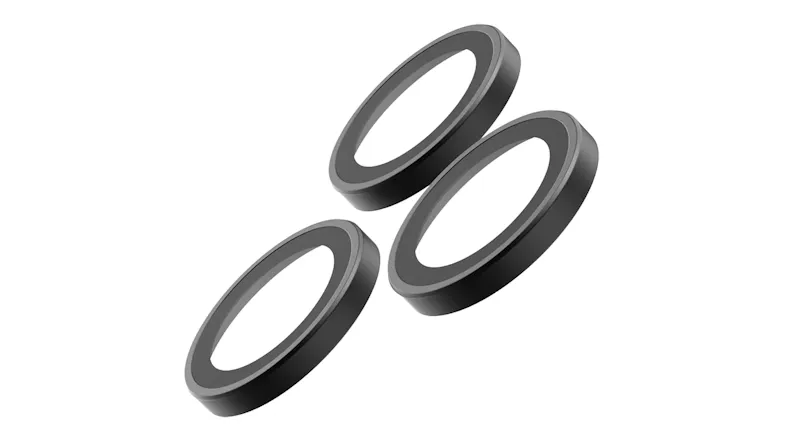 Angled view of three black camera lens rings, highlighting the low-profile design and precision fit Angled view of three black camera lens rings, highlighting the low-profile design and precision fit
