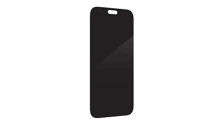 Single privacy screen protector showcasing rounded edges and camera cutout Single privacy screen protector showcasing rounded edges and camera cutout