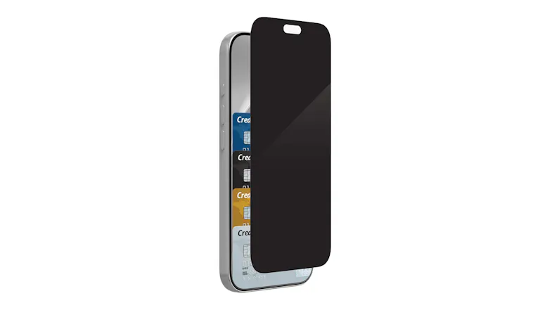 Phone with privacy screen protector showing digital cards beneath tinted glass Phone with privacy screen protector showing digital cards beneath tinted glass