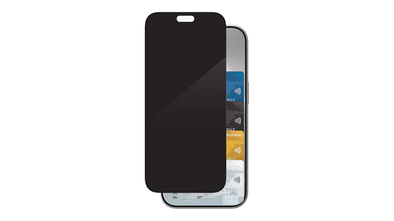 Front view of phone highlighting privacy screen protector covering payment cards Front view of phone highlighting privacy screen protector covering payment cards