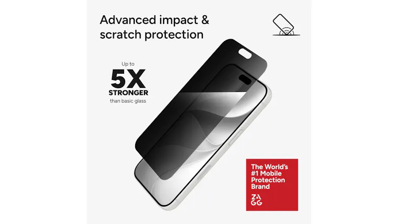 Graphic showing phone with protector and “5X stronger” text Graphic showing phone with protector and “5X stronger” text