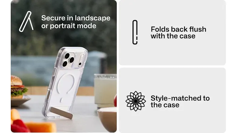 Snap kickstand case feature graphic showing fold-flat kickstand design and clear protective finish Snap kickstand case feature graphic showing fold-flat kickstand design and clear protective finish