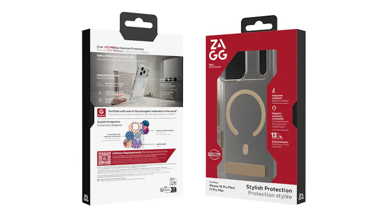 Front and back view of ZAGG phone case packaging showing a clear MagSafe-compatible case with kickstand protection Front and back view of ZAGG phone case packaging showing a clear MagSafe-compatible case with kickstand protection