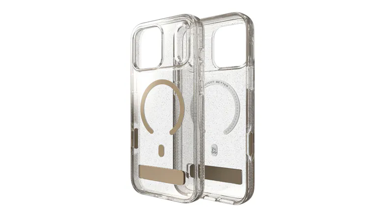 Front and rear views of a snap kickstand case with a clear glitter finish Front and rear views of a snap kickstand case with a clear glitter finish