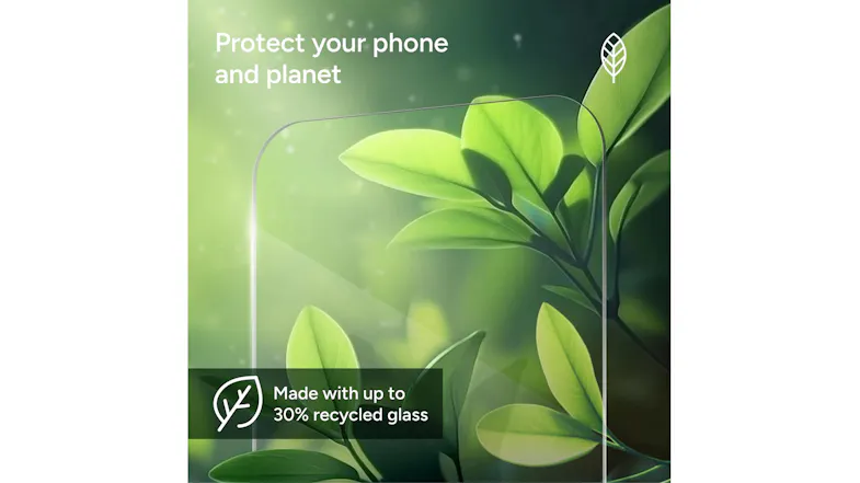 Promotional graphic showing the screen protector over a leafy background, highlighting recycled glass materials Promotional graphic showing the screen protector over a leafy background, highlighting recycled glass materials