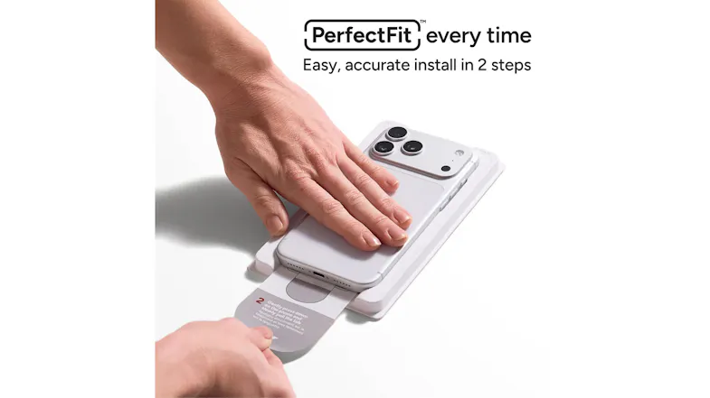 Demonstration of the PerfectFit installation system, showing a screen protector being applied to an iPhone Demonstration of the PerfectFit installation system, showing a screen protector being applied to an iPhone