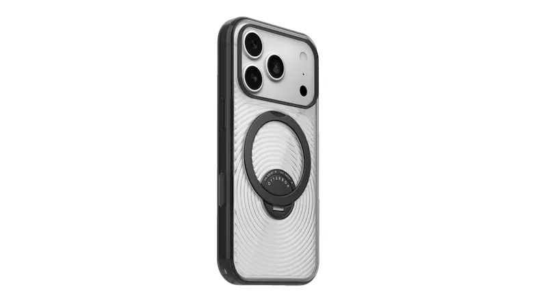 Angled view of OtterBox Symmetry Stand MagSafe Case for iPhone 18 Pro featuring clear finish and grip stand ring Angled view of OtterBox Symmetry Stand MagSafe Case for iPhone 18 Pro featuring clear finish and grip stand ring