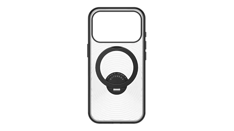 Transparent smartphone case with blue bumper edges, circular ring grip and stand centered Transparent smartphone case with blue bumper edges, circular ring grip and stand centered
